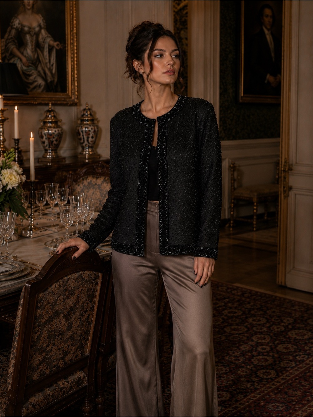 Marina Bresler Black Beaded Cardigan|Size Large old money luxury texture Gilmore